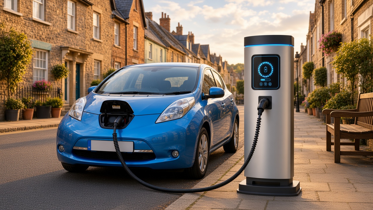 Silver electric vehicle charger on a London street, connected to a blue car